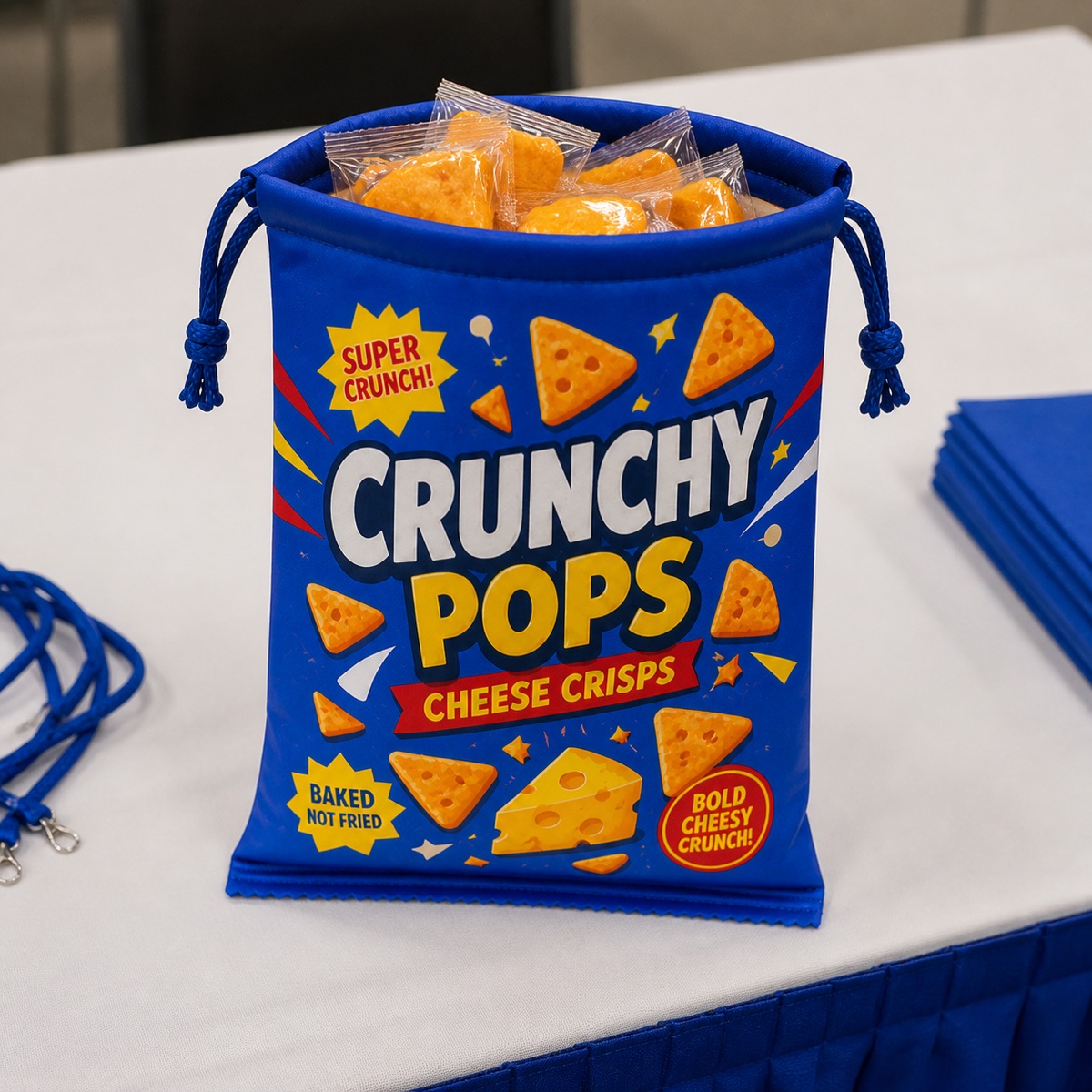 スナック菓子の袋をそのまま布製品にしたミニ巾着とお菓子アソートの再現イメージ