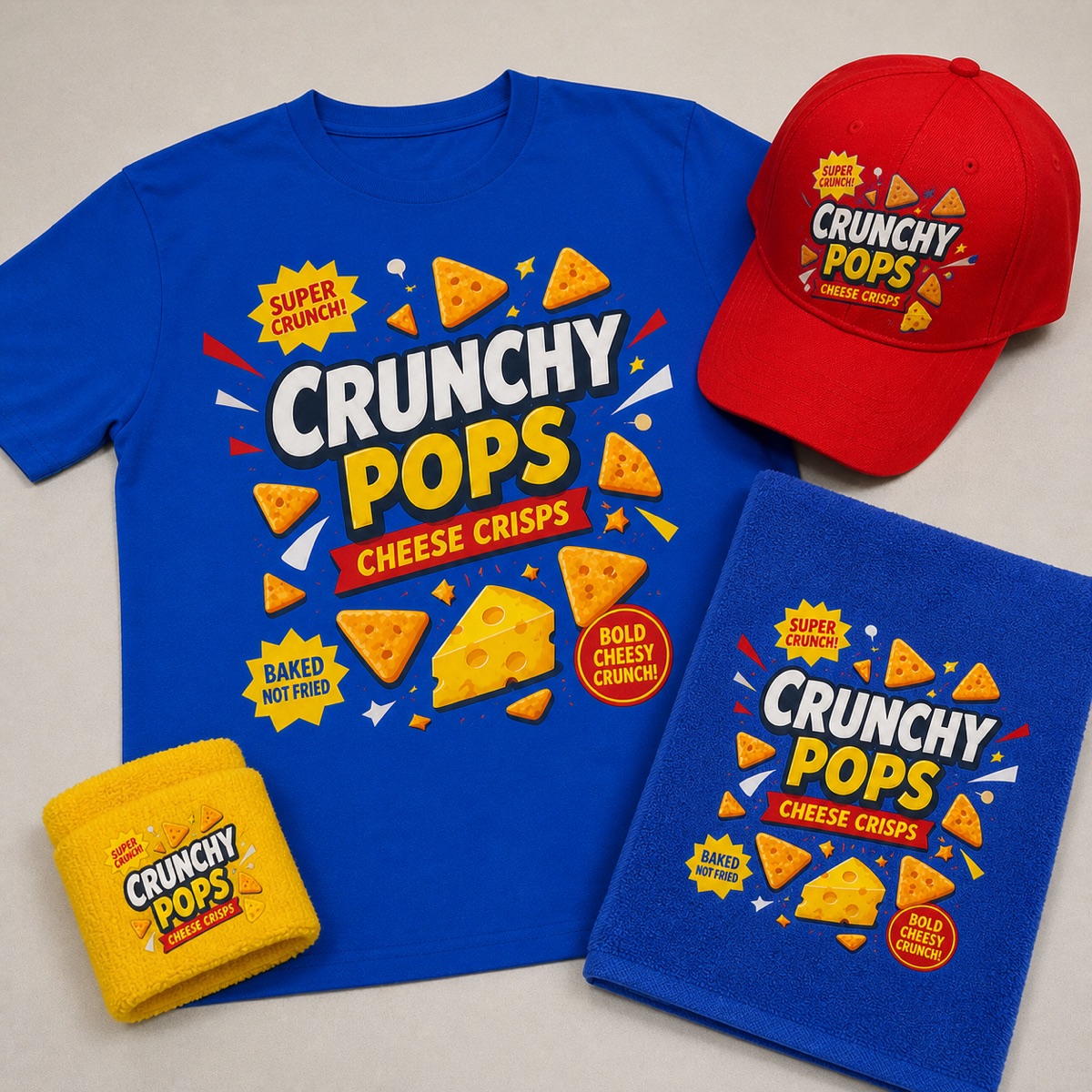 Tシャツ、キャップ、タオル、リストバンドを揃えたイベント用品の再現イメージ