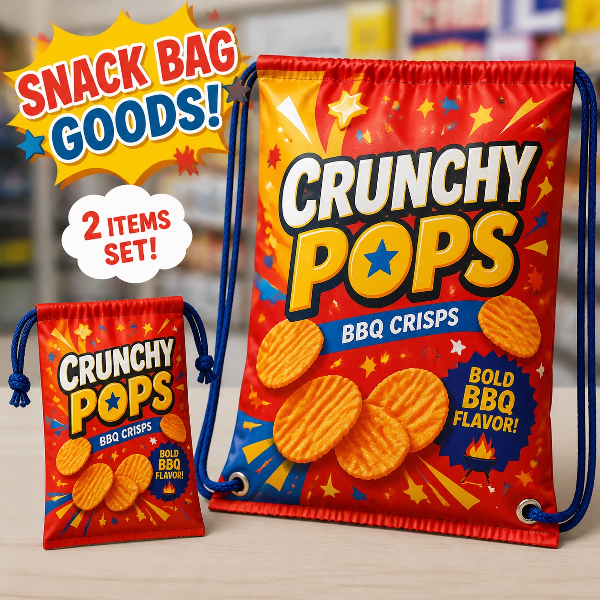 同じスナック菓子パッケージを小型巾着と大型ナップサックへ展開した再現イメージ