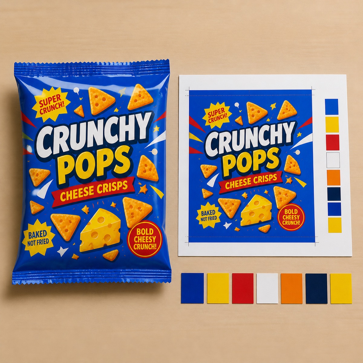スナック菓子のパッケージと正面デザインを整理する再現イメージ