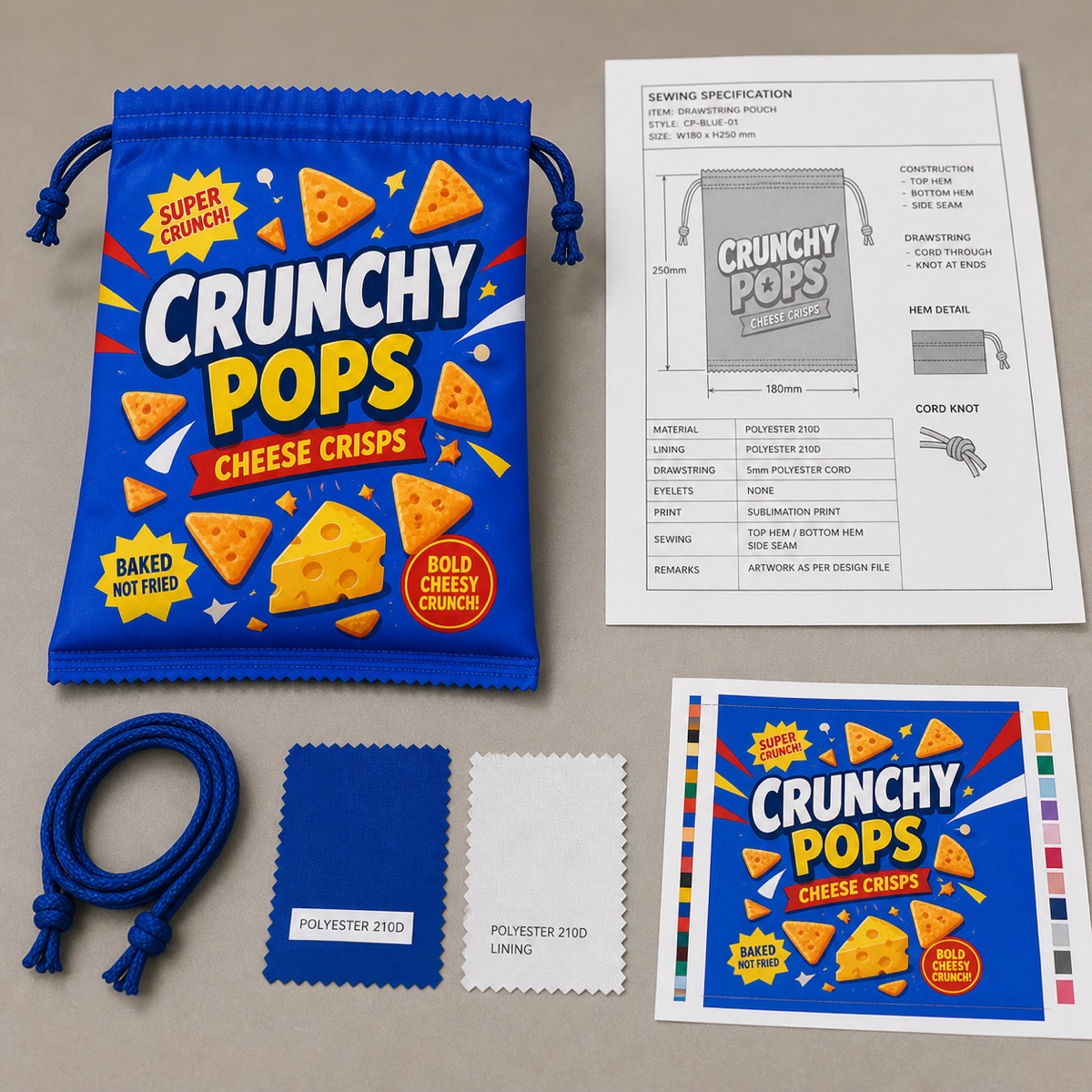 スナック菓子型ミニ巾着の縫製仕様と色校正の再現イメージ
