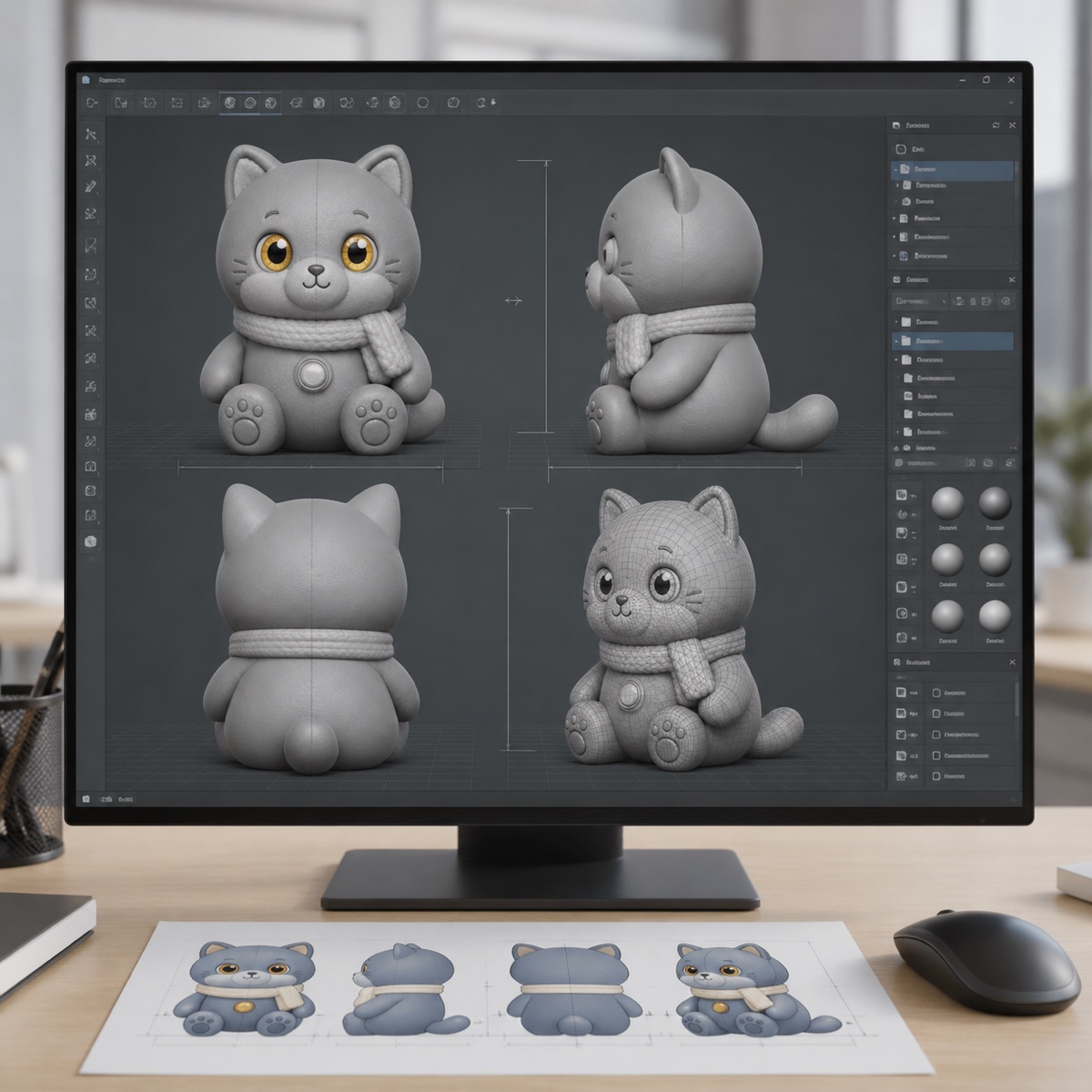 モニター上でKo-Neの3Dモデルを複数方向から確認する工程イメージ