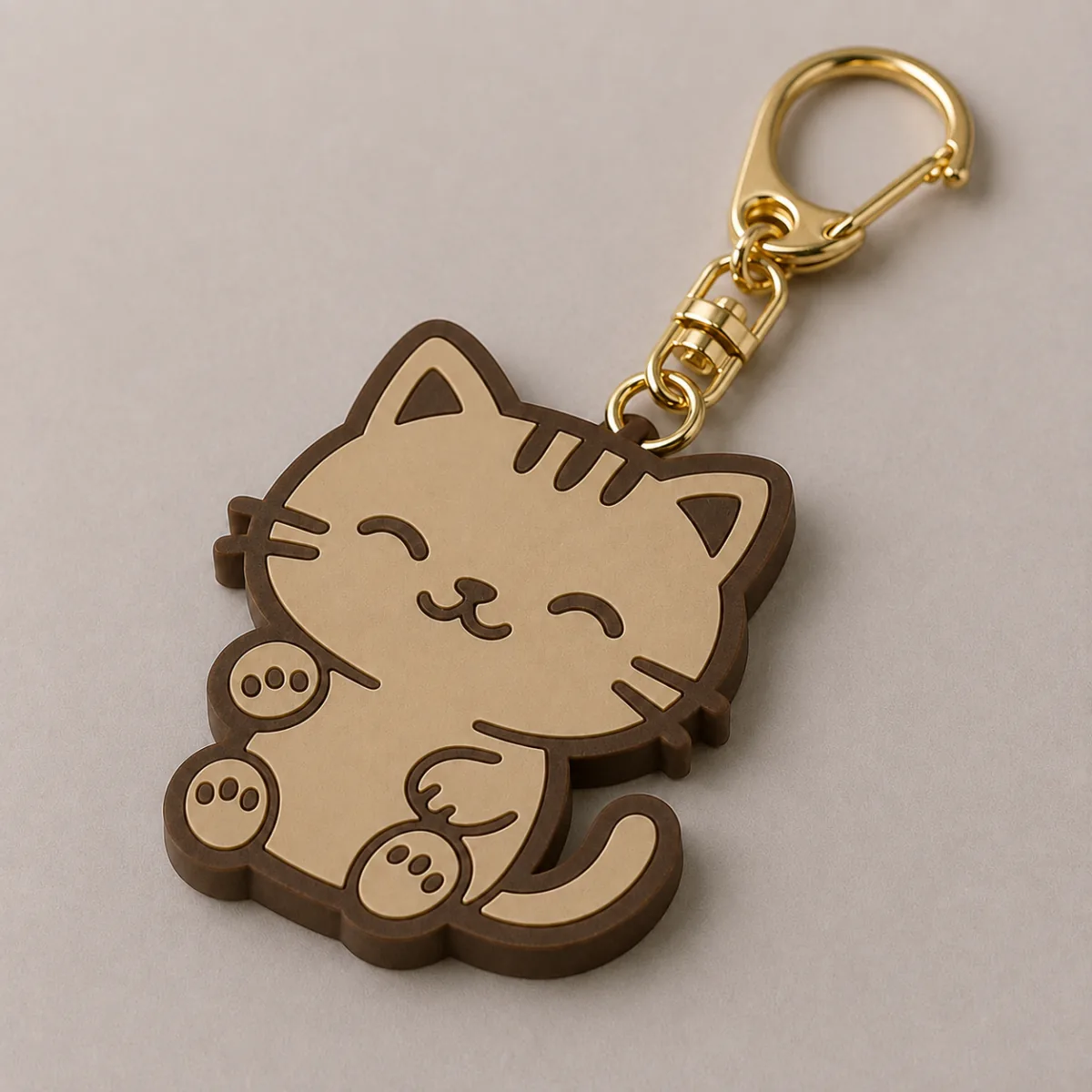 金色のナスカン金具と猫のキャラクターのラバーキーホルダー表現例