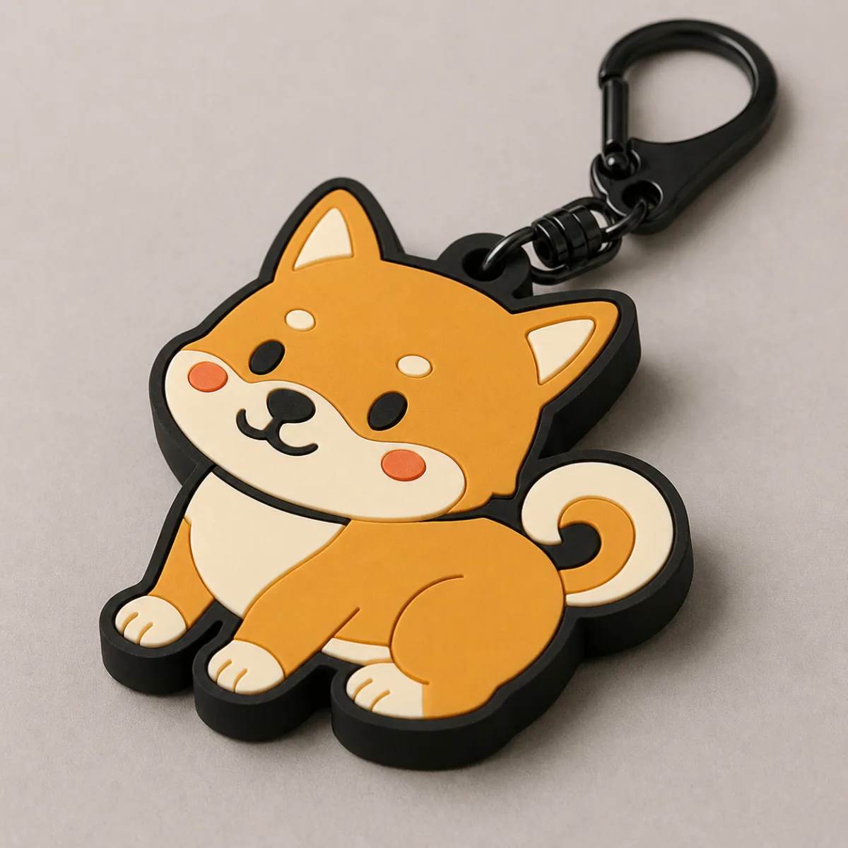 黒いナスカン金具を付けた犬のキャラクターのラバーキーホルダー製作イメージ